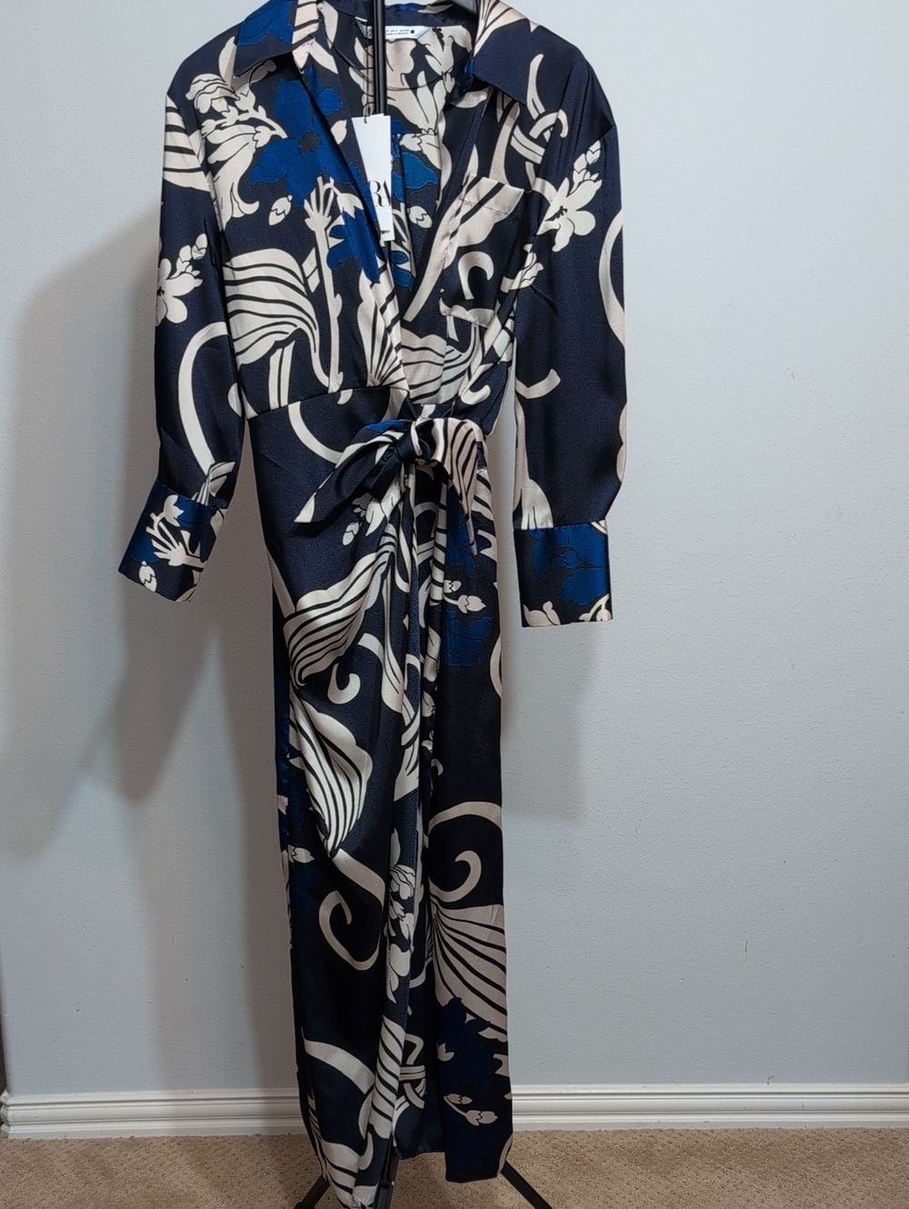 Zara Navy Blue, Cream & Royal Blue Long Sleeve Maxi Dress